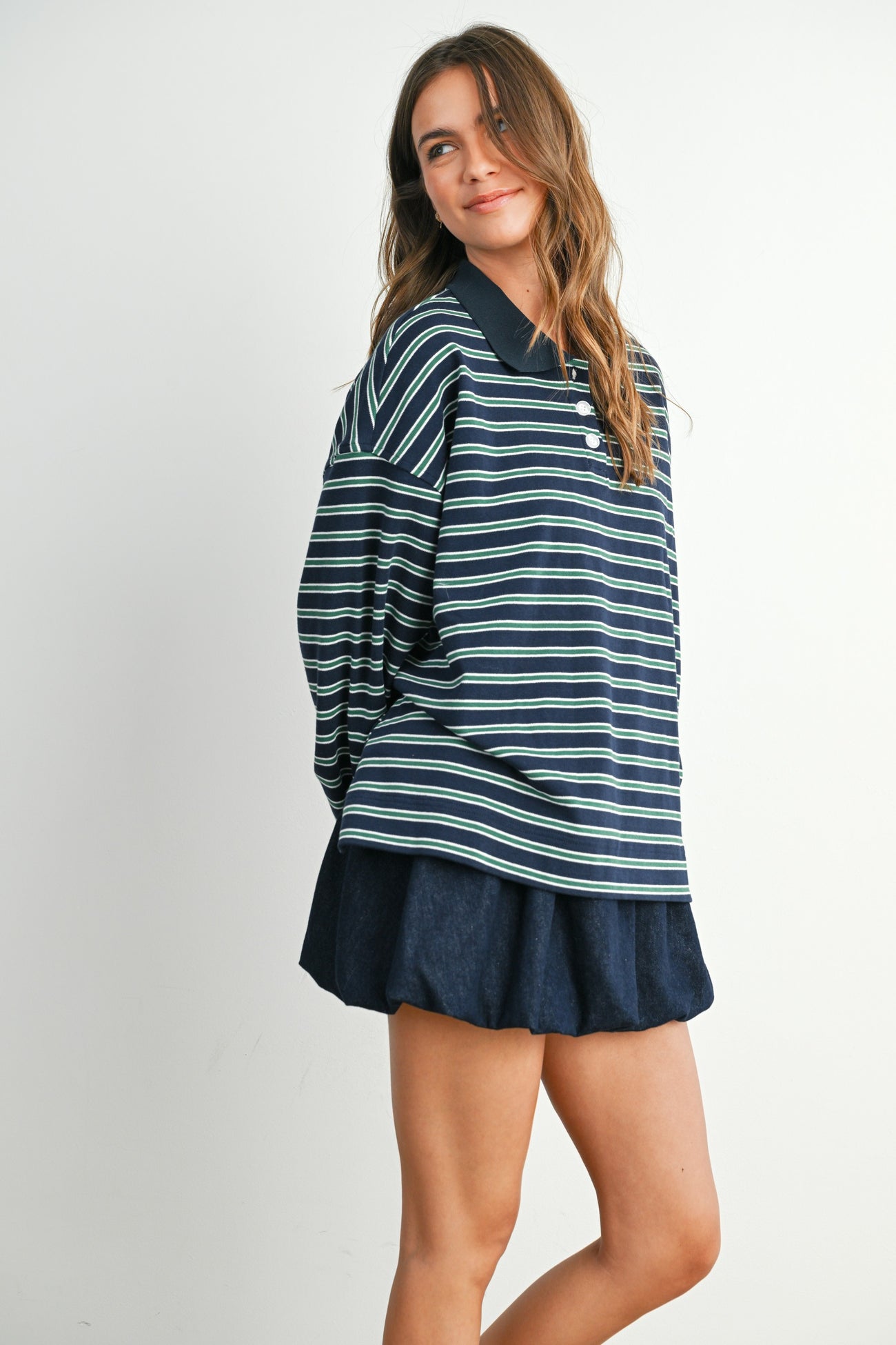 Navy Striped Long Sleeve Polo Top