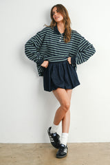 Navy Striped Long Sleeve Polo Top
