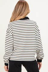 woman wearing a black and white striped maternity pullover with a collar, showing the back view