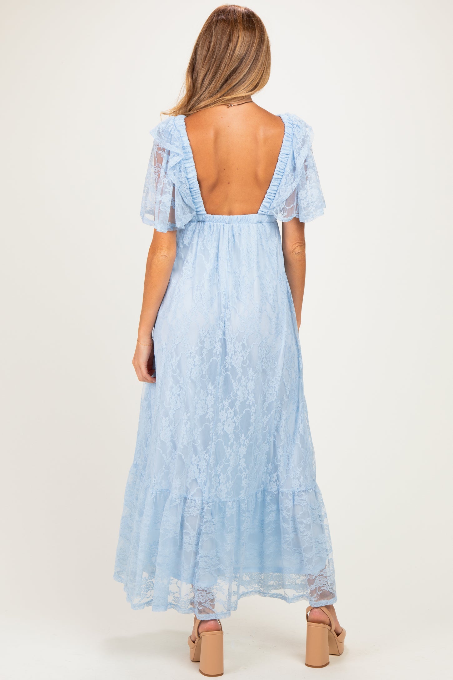 Light Blue Lace Flutter Sleeve Tiered Maternity Maxi Dress