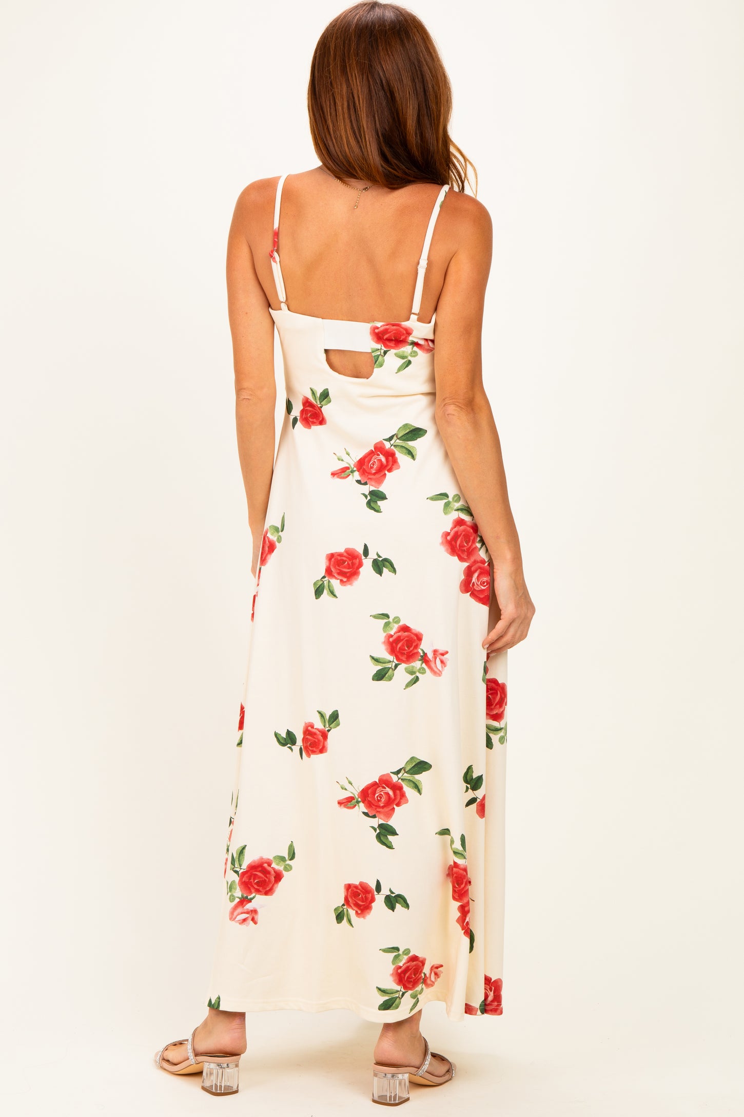 Cream Floral Thin Strap Midi Dress