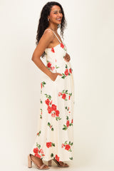 Cream Floral Thin Strap Maternity Midi Dress