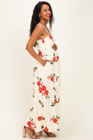 Cream Floral Thin Strap Maternity Midi Dress
