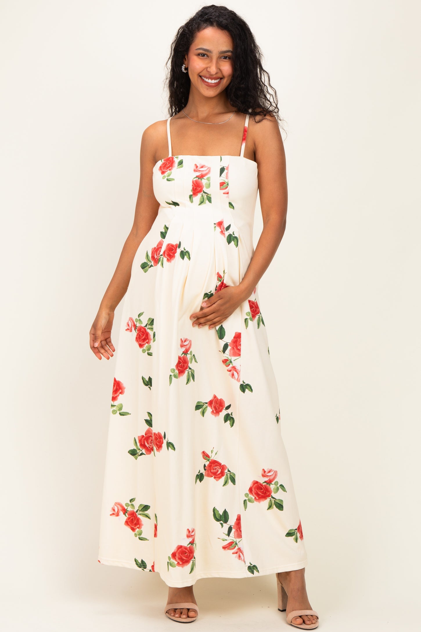 Cream Floral Thin Strap Maternity Midi Dress