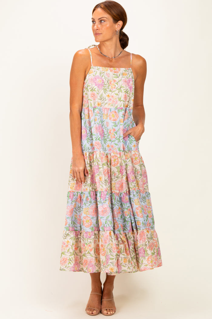Pink Floral Colorblock Tiered Maternity Maxi Dress