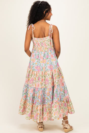 Pink Floral Colorblock Tiered Maternity Maxi Dress