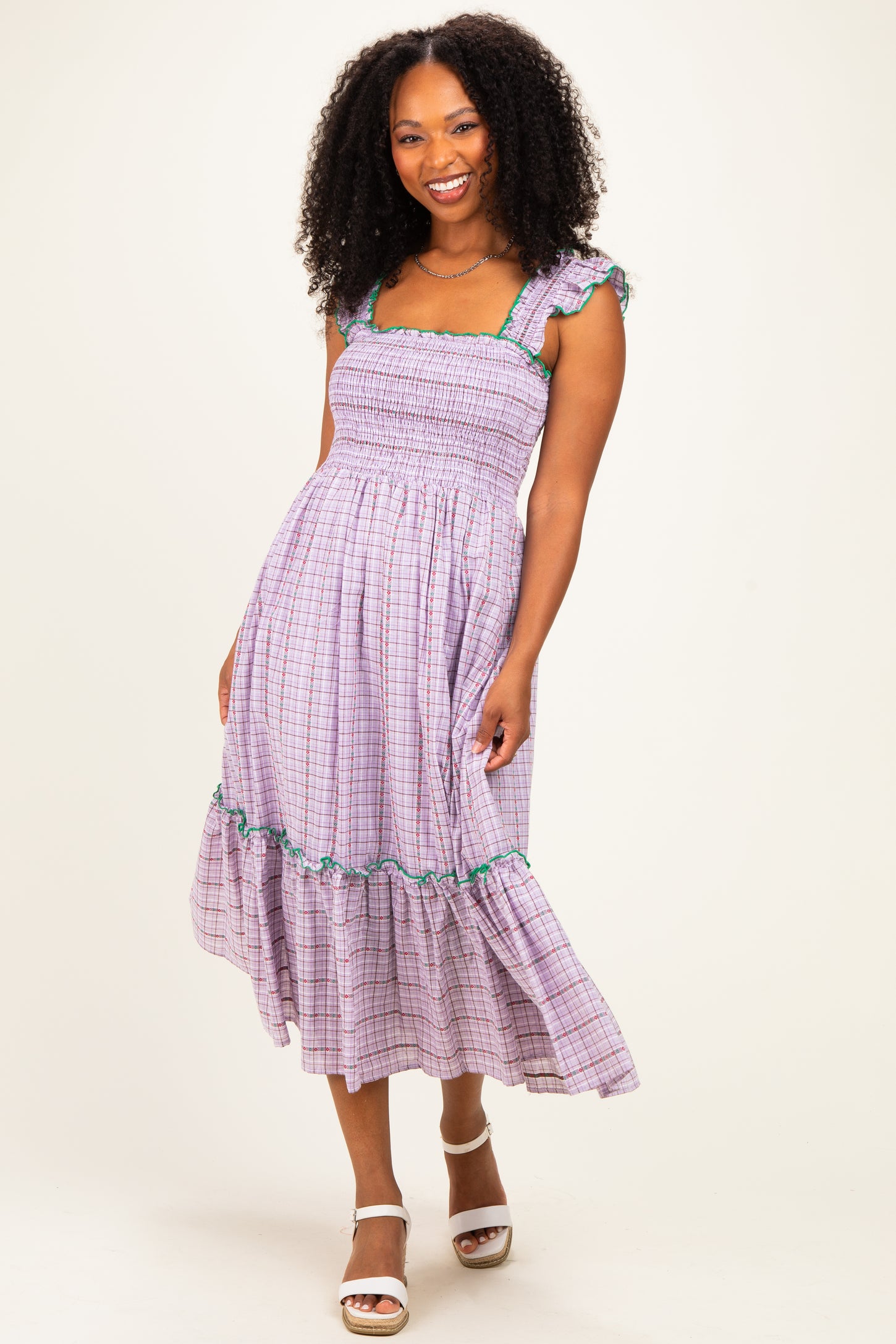 Lavender Plaid Smocked Ruffle Accent Midi Dress