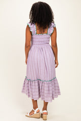Lavender Plaid Smocked Ruffle Accent Midi Dress