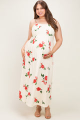 Cream Floral Thin Strap Maternity Plus Midi Dress