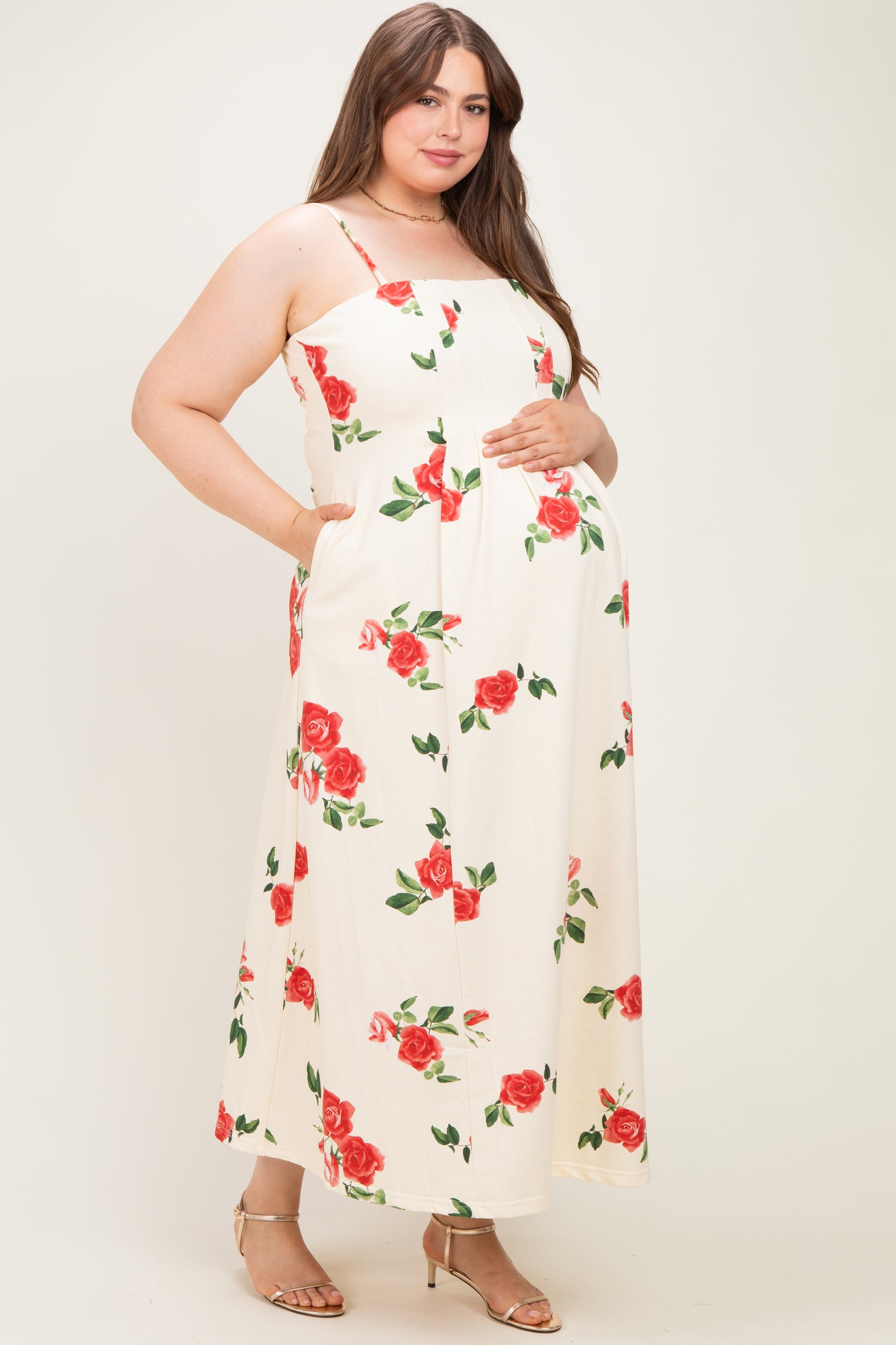 Cream Floral Thin Strap Maternity Plus Midi Dress