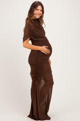 Brown Draped Bodice Ruched Mesh Maternity Maxi Dress