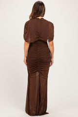 Brown Draped Bodice Ruched Mesh Maternity Maxi Dress