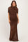 Brown Draped Bodice Ruched Mesh Maternity Maxi Dress