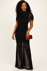 Black Draped Bodice Ruched Mesh Maternity Maxi Dress