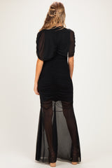 Black Draped Bodice Ruched Mesh Maternity Maxi Dress