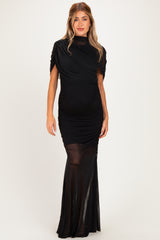 Black Draped Bodice Ruched Mesh Maternity Maxi Dress
