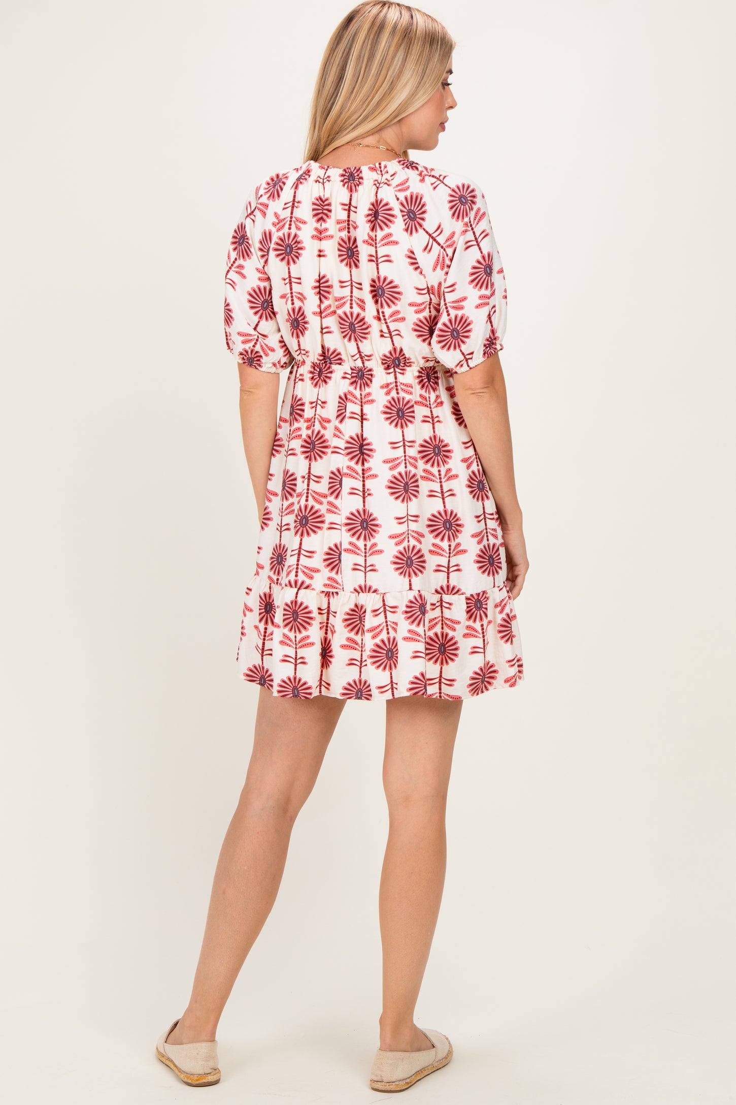 Rose Floral V Neck Puff Sleeve Ruffle Mini Dress
