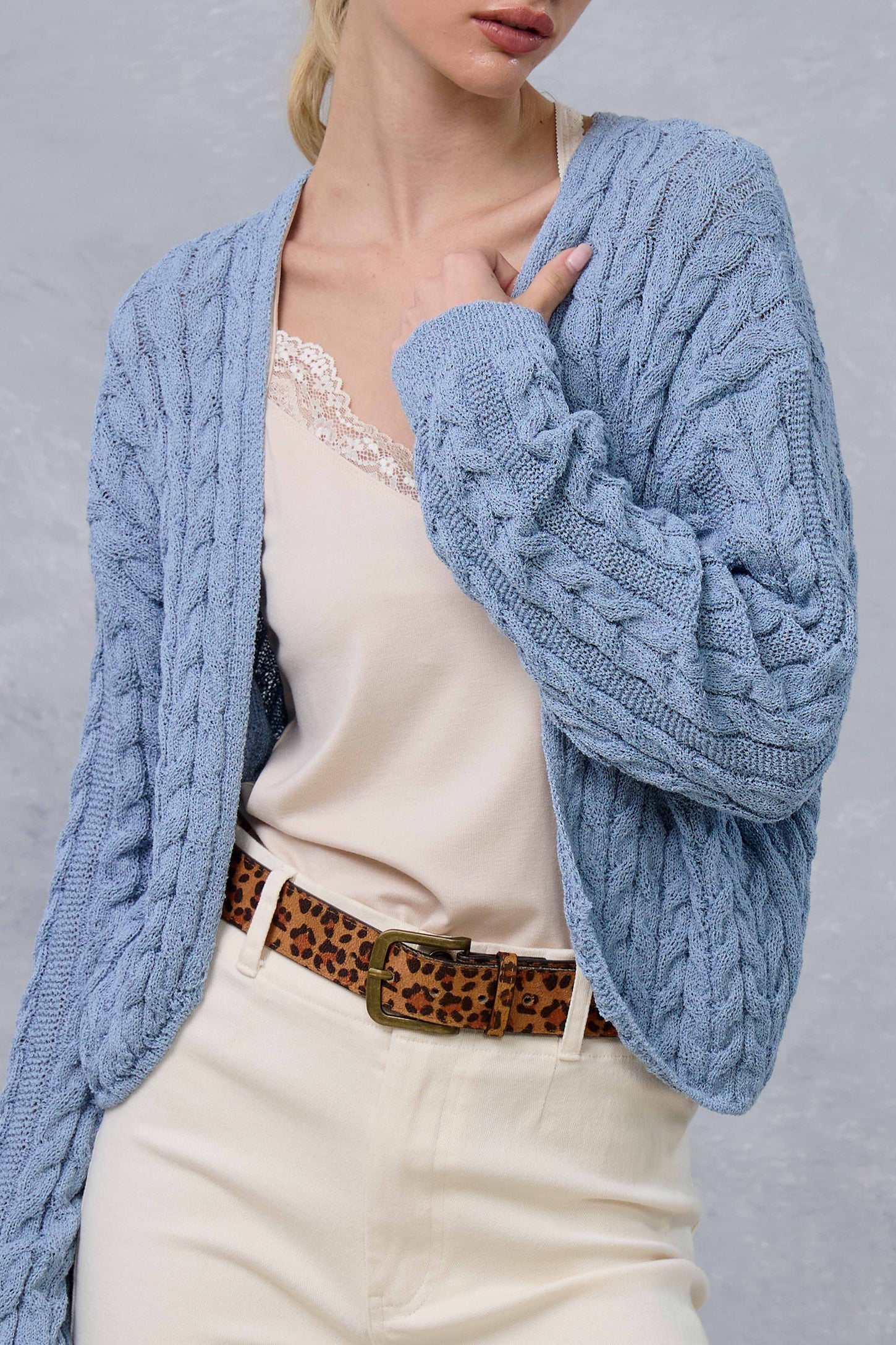 Blue Dolman Sleeve Boho Cable Knit Cardigan
