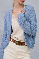 Blue Dolman Sleeve Boho Cable Knit Cardigan