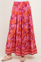 Fuchsia Floral Tiered Smocked Waistband Maxi Skirt