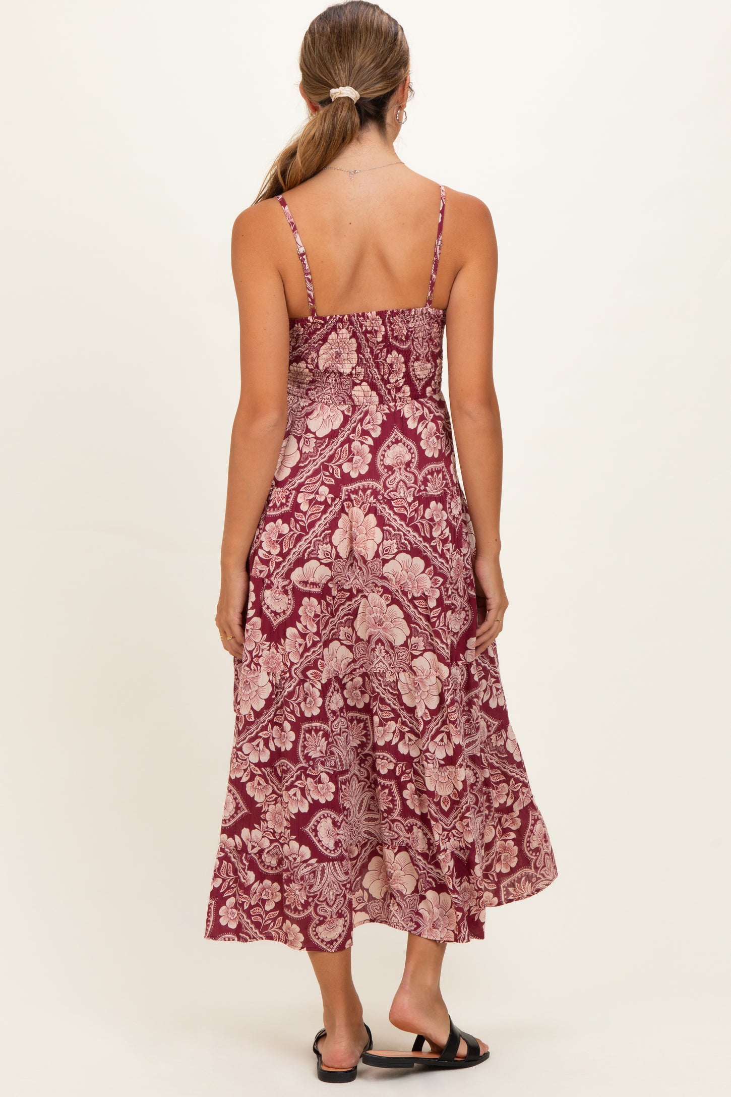 Wine Floral V-Neck Twist Front Cut Out Maternity Maxi Dress