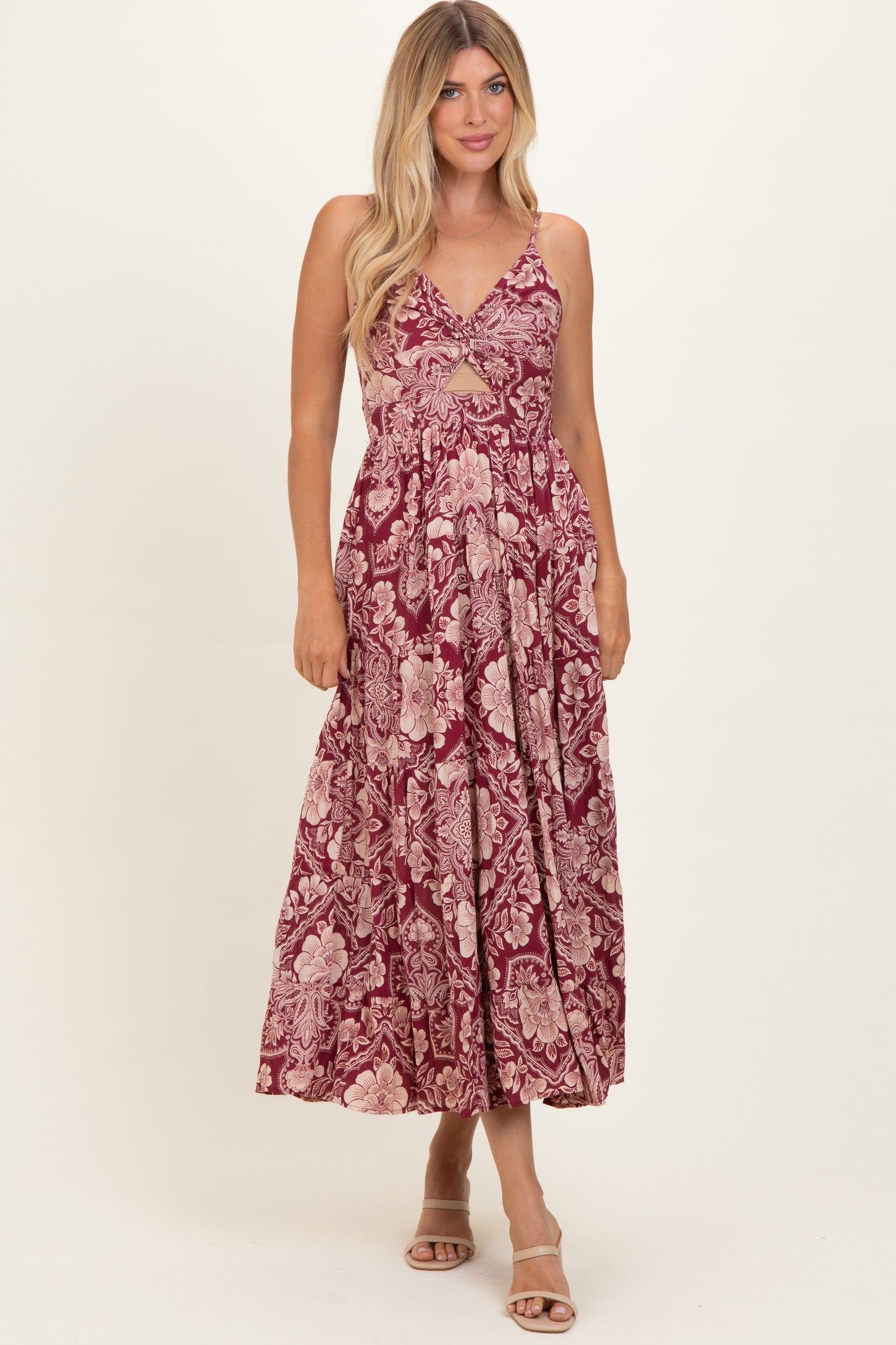 Wine Floral V-Neck Twist Front Cut Out Maternity Maxi Dress