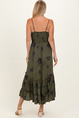 Olive Floral V-Neck Tiered Hi-Lo Dress