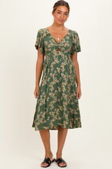 Olive Floral Short Sleeve V-Neck Twist Front Maternity Midi Dress