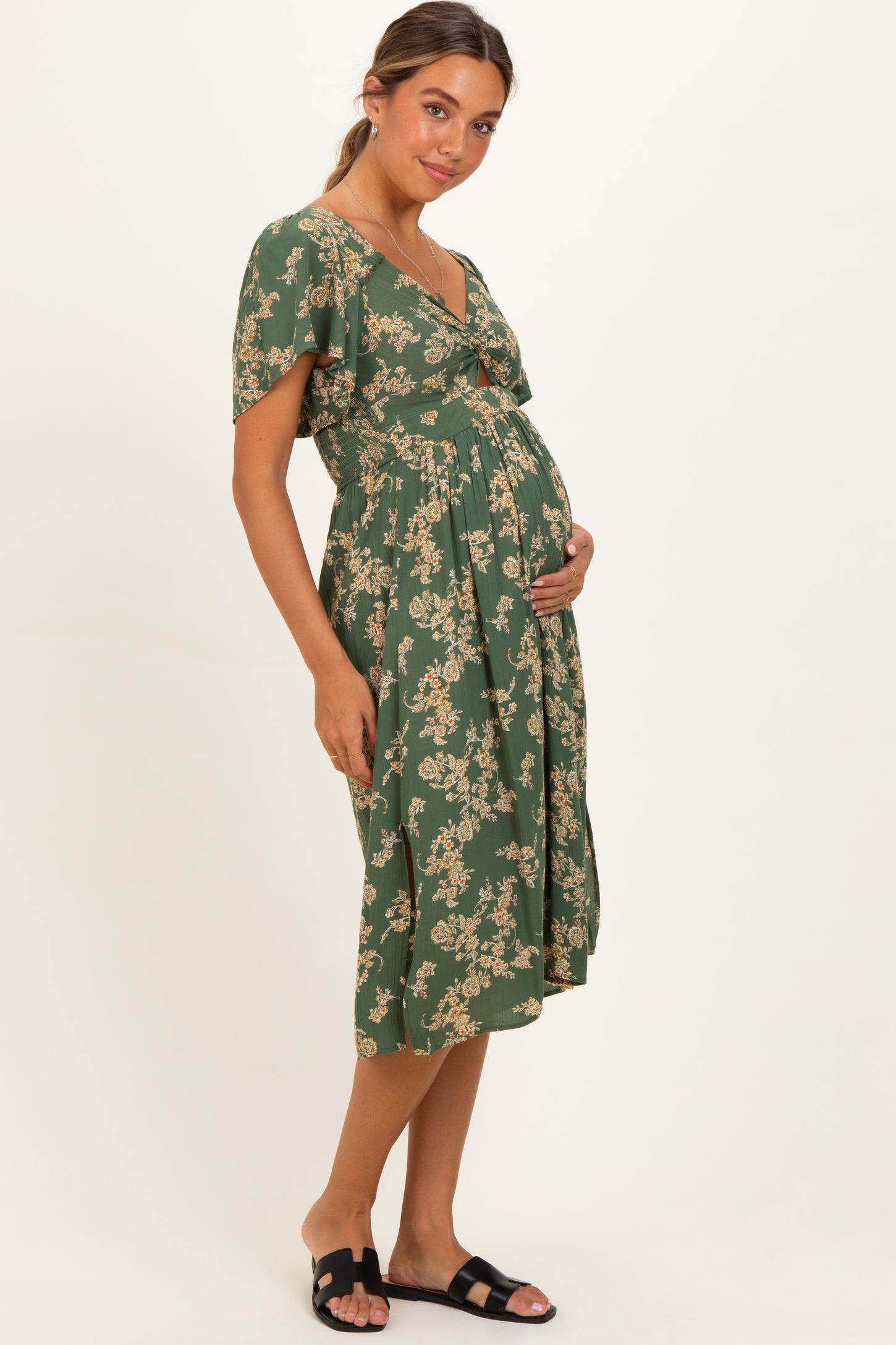 Olive Floral Short Sleeve V-Neck Twist Front Maternity Midi Dress