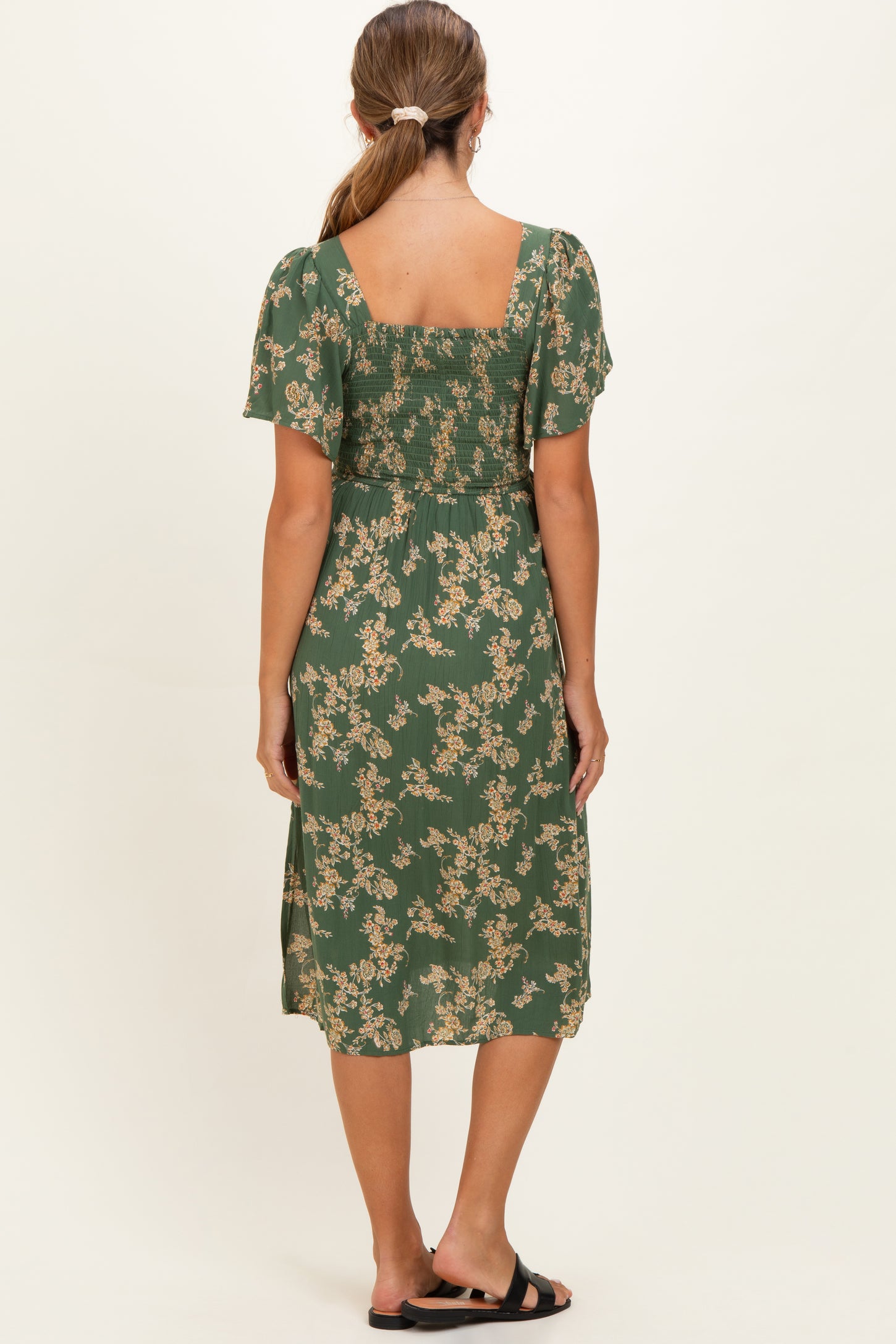 Olive Floral Short Sleeve V-Neck Twist Front Maternity Midi Dress