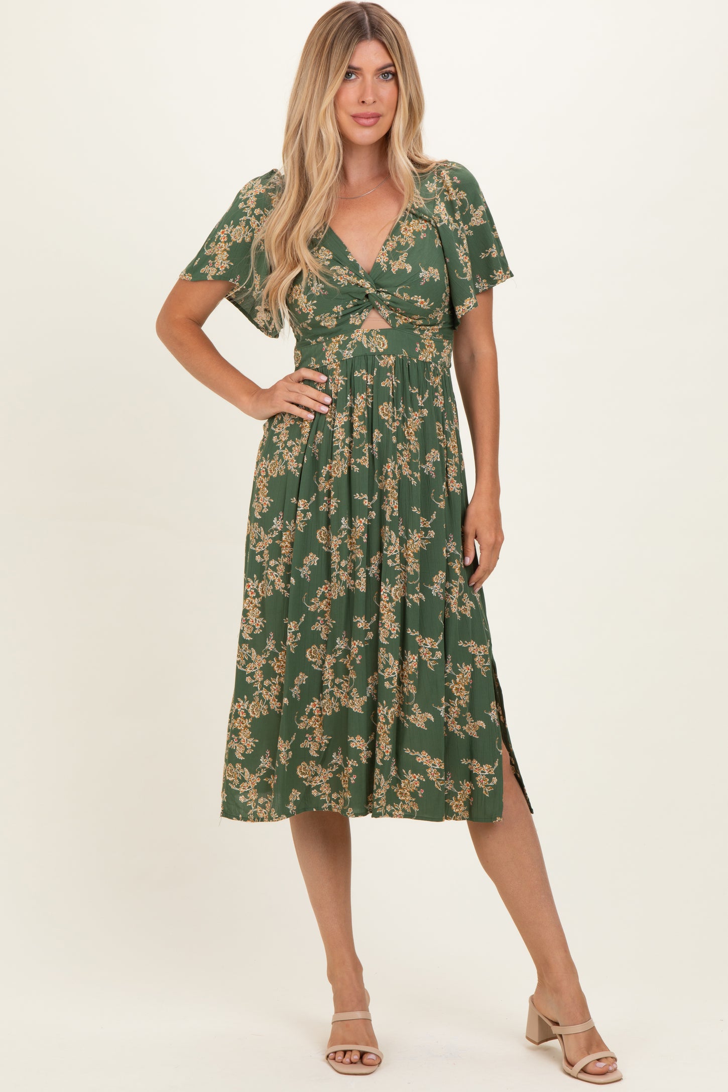 Olive Floral Short Sleeve V-Neck Twist Front Midi Dress