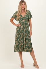 Olive Floral Short Sleeve V-Neck Twist Front Midi Dress