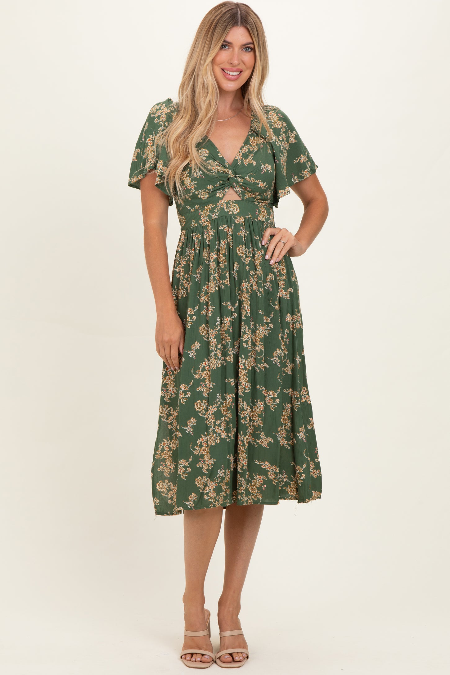 Olive Floral Short Sleeve V-Neck Twist Front Midi Dress