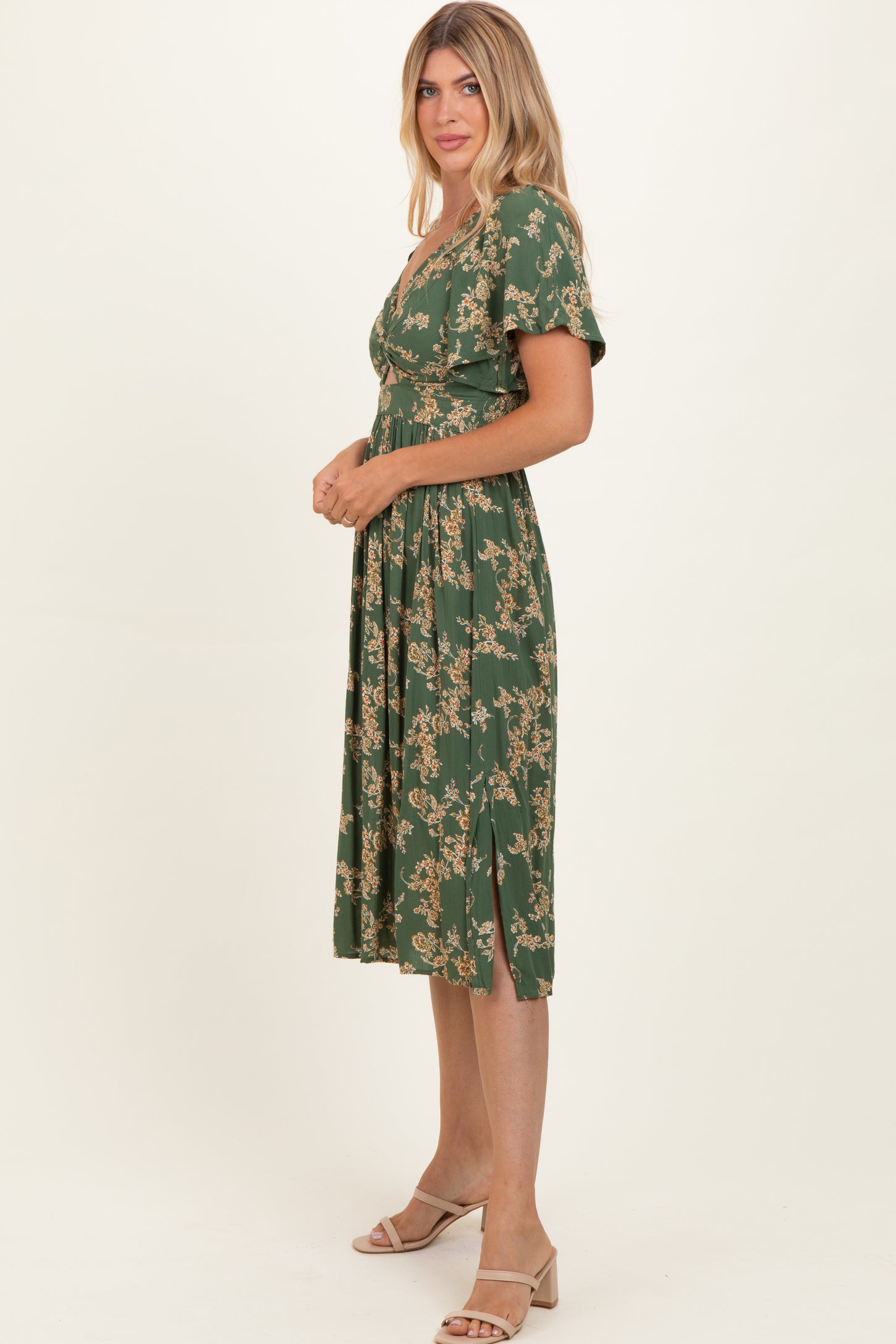 Olive Floral Short Sleeve V-Neck Twist Front Midi Dress