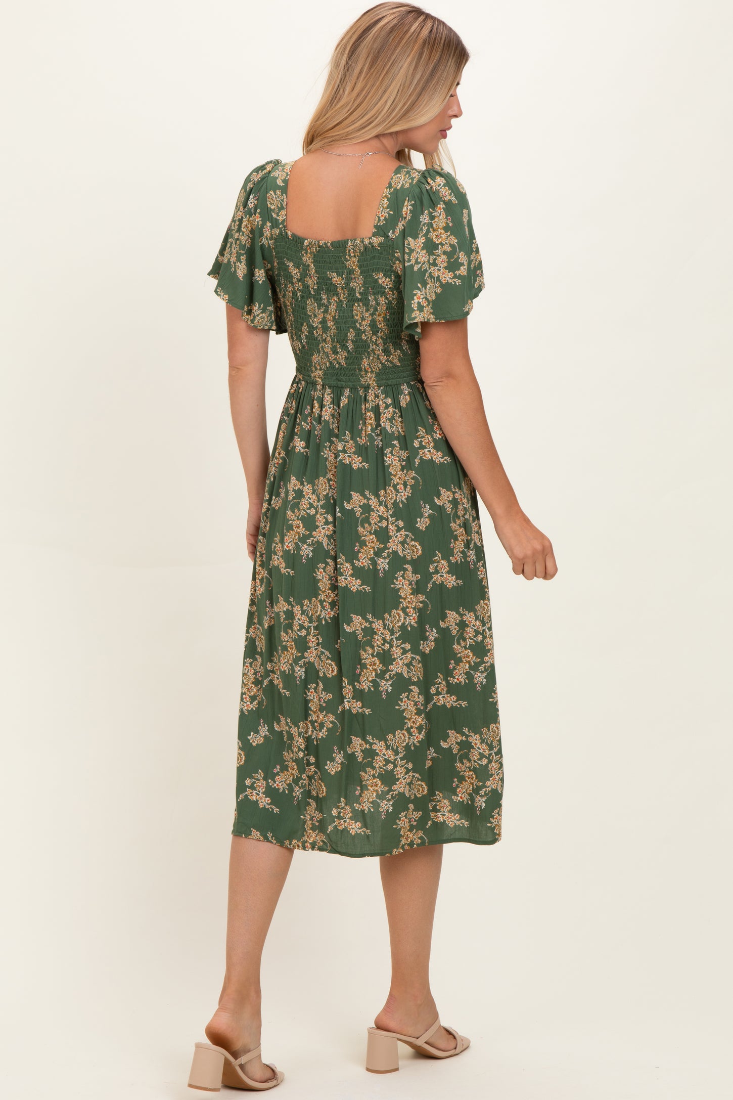 Olive Floral Short Sleeve V-Neck Twist Front Midi Dress