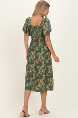 Olive Floral Short Sleeve V-Neck Twist Front Midi Dress