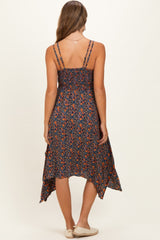 Navy Floral V-Neck Lace Trim Handkerchief Hem Maternity Dress