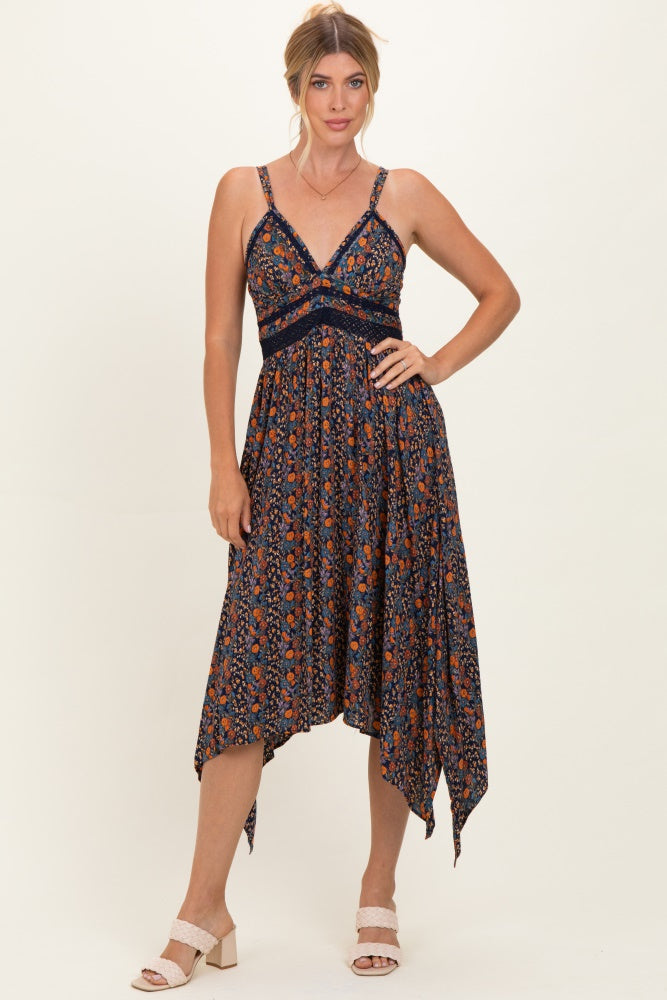 Navy Floral V-Neck Lace Trim Handkerchief Hem Dress