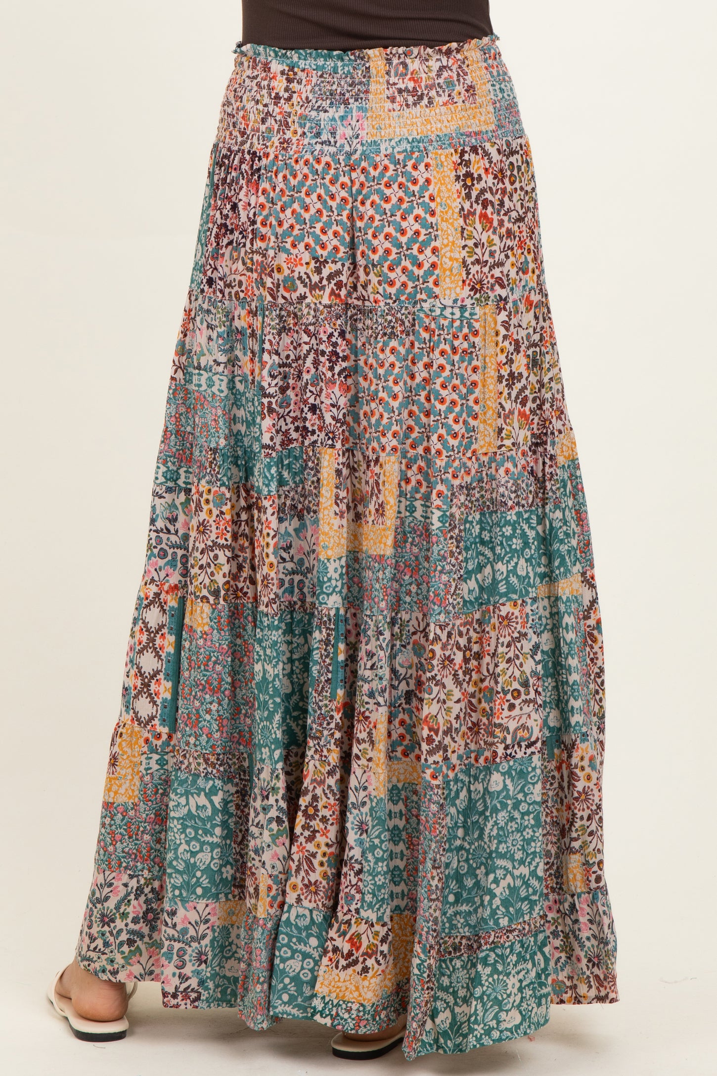 Teal Patchwork Print Smocked Waistband Maxi Skirt