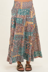 Teal Patchwork Print Smocked Waistband Maternity Maxi Skirt