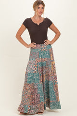 Teal Patchwork Print Smocked Waistband Maternity Maxi Skirt