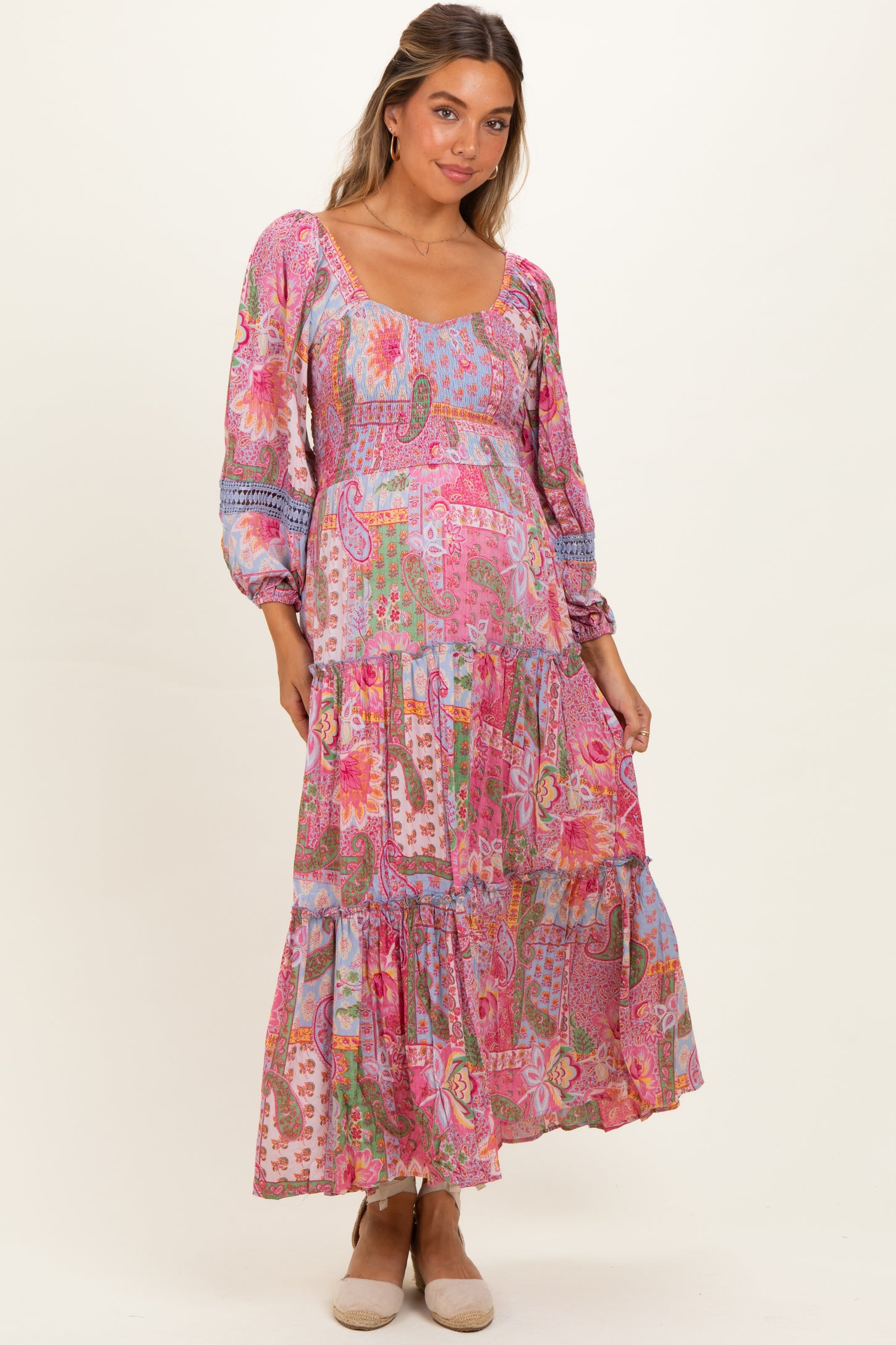 Pink Patchwork Print Smocked Tiered Maternity Maxi Dress