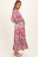 Pink Patchwork Print Smocked Tiered Maternity Maxi Dress