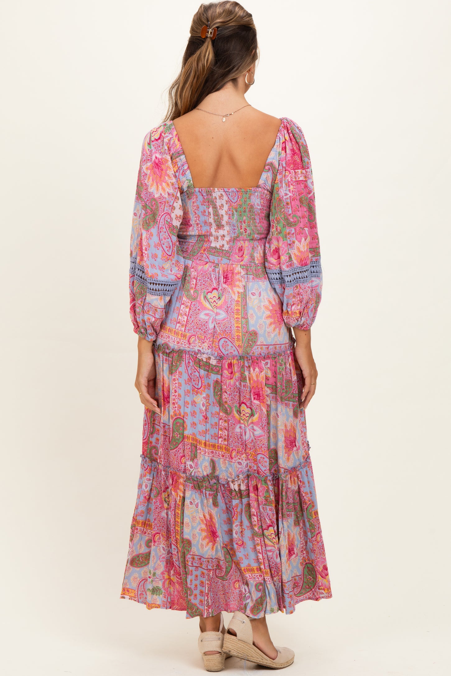 Pink Patchwork Print Smocked Tiered Maternity Maxi Dress