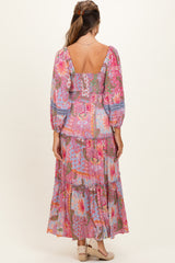 Pink Patchwork Print Smocked Tiered Maternity Maxi Dress