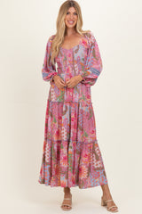 Pink Patchwork Print Smocked Tiered Maternity Maxi Dress