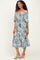 Blue Printed Smocked 3/4 Sleeve Midi Dress