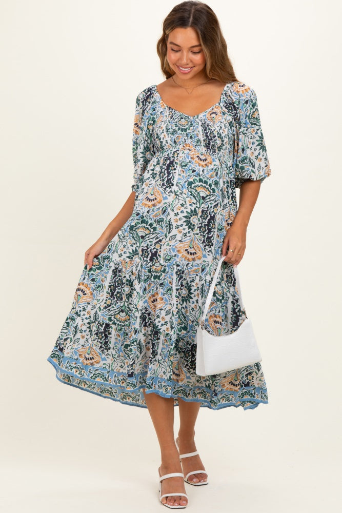 Blue Printed Smocked 3/4 Sleeve Maternity Midi Dress