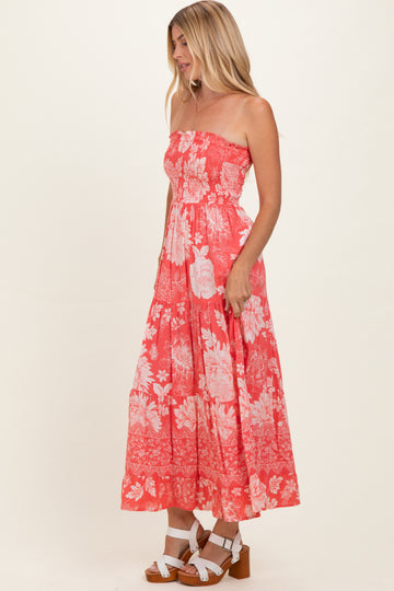 Coral Pink Floral Smocked Strapless Midi Dress