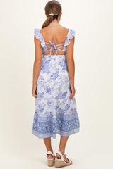 Blue V-Neck Cut Out Lace Up Back Maternity Dress